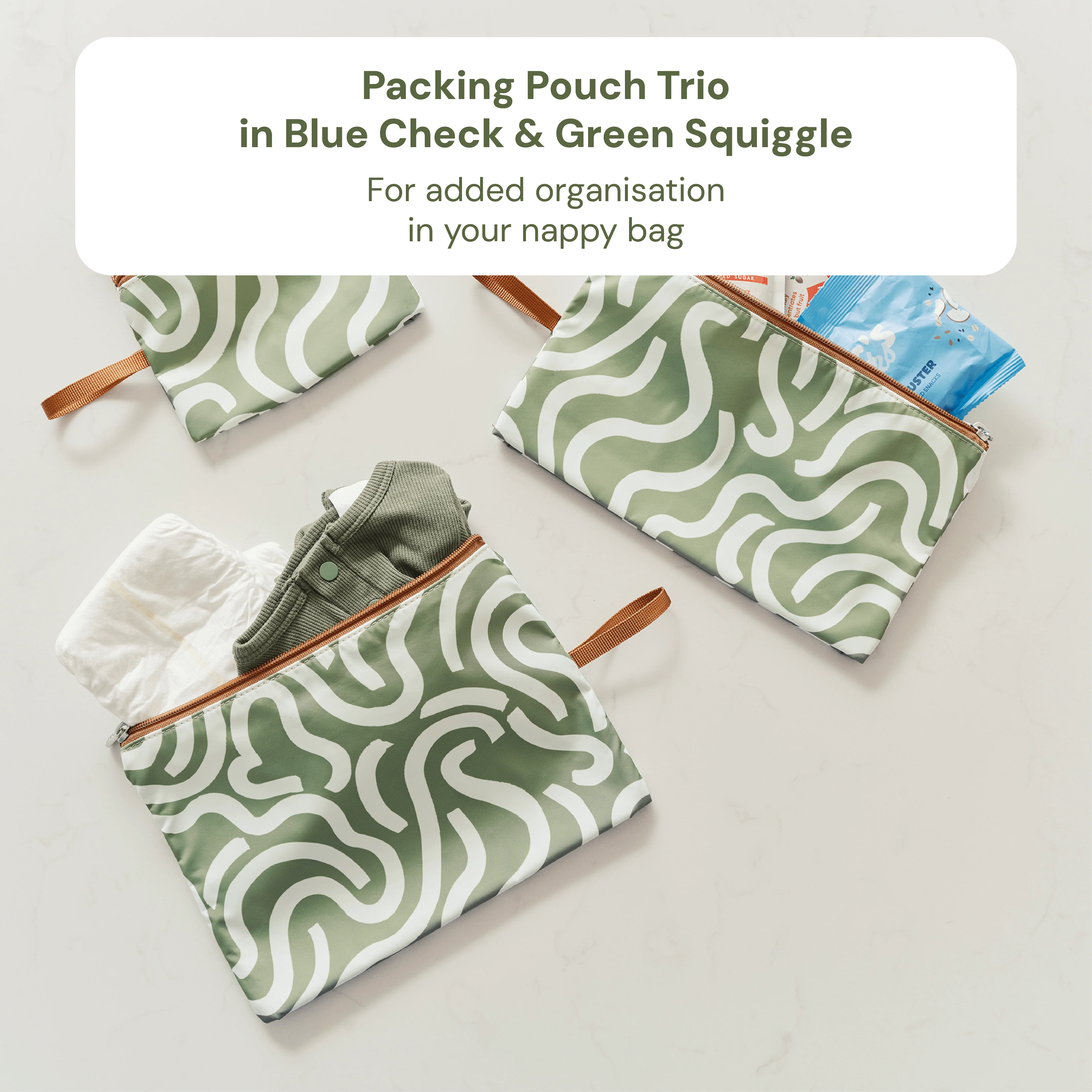 Baby & Toddler Nappy Bag Bundle – Weatherproof, Blue Check & Green Squiggle (PRE-ORDER FOR MAY DELIVERY) - Image 4