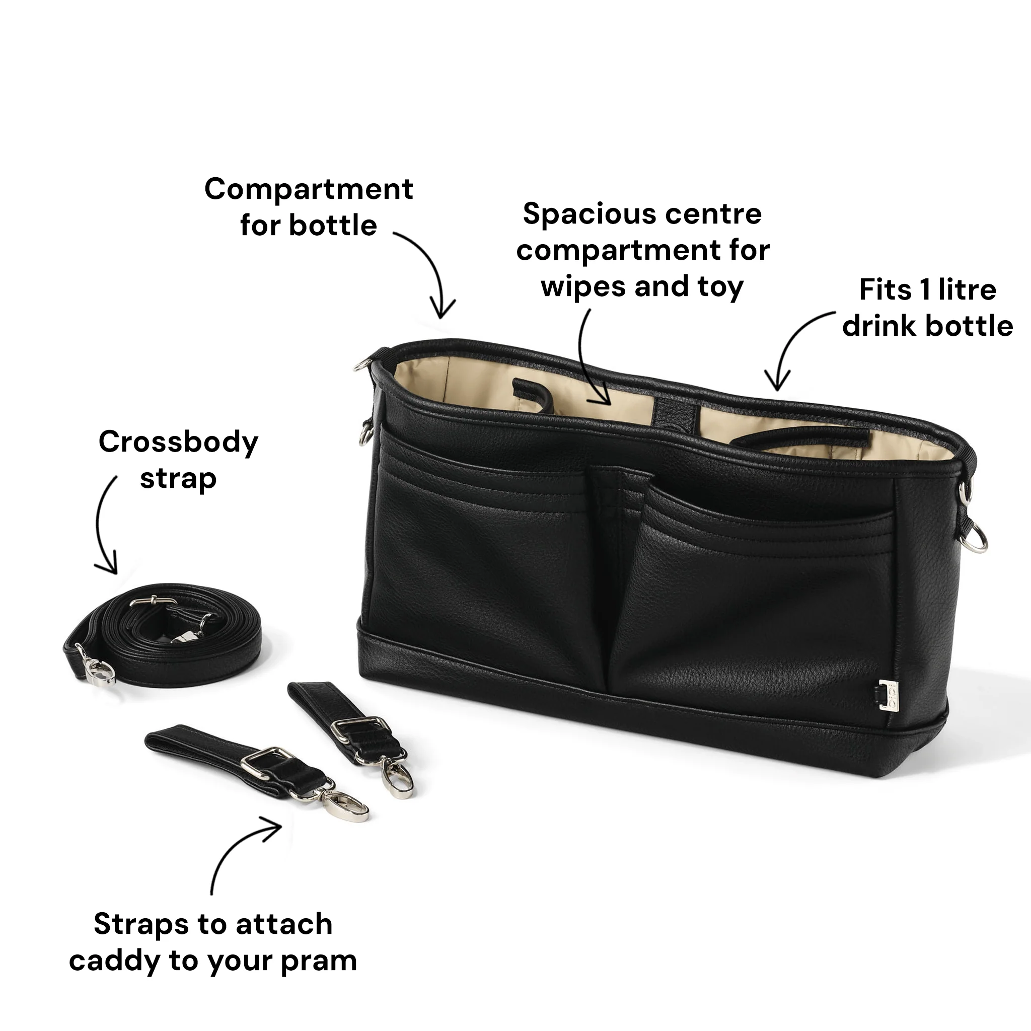 Signature Pram Caddy - Black Dimple Vegan Leather - Image 5
