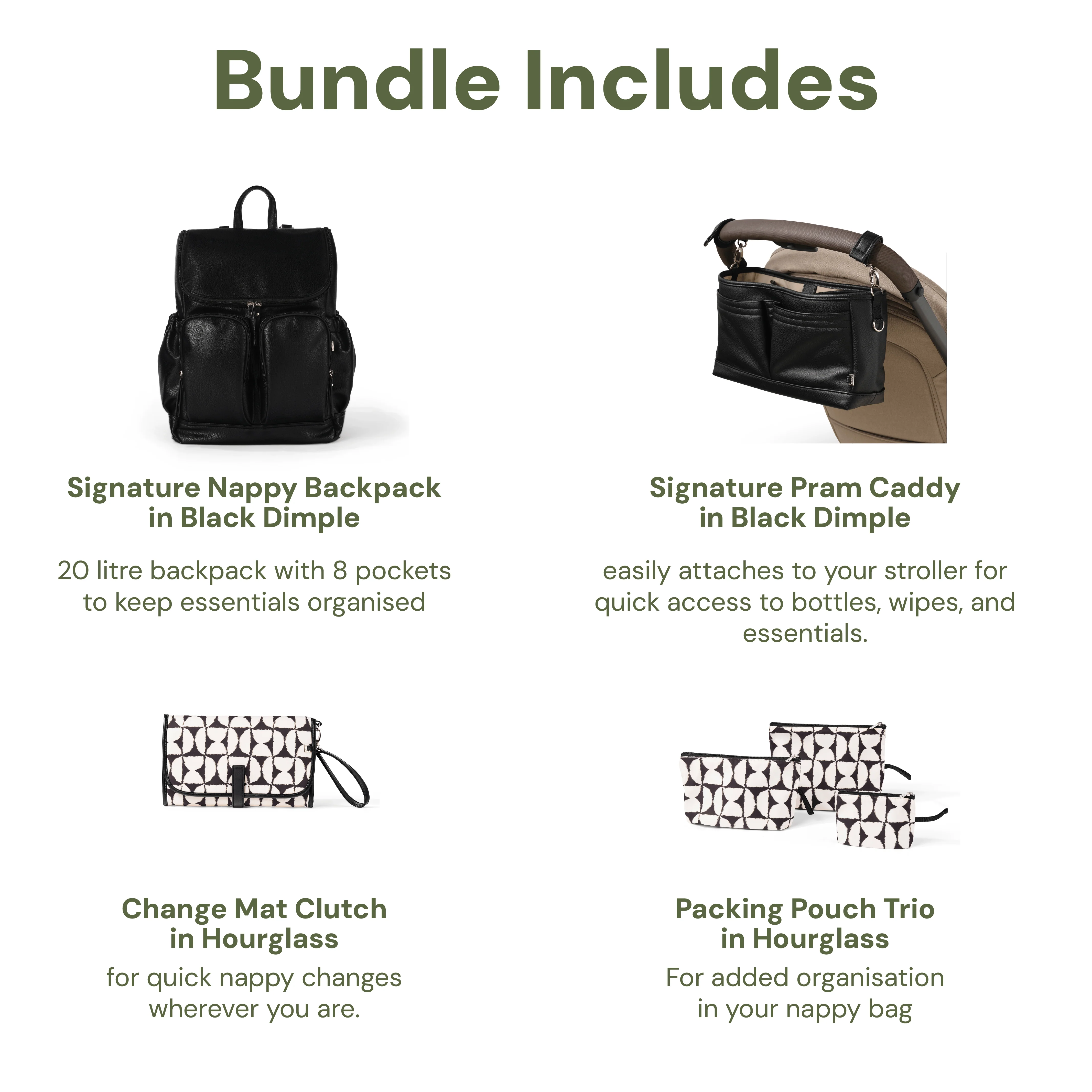 First Time Parent Nappy Bag Bundle - Black Dimple & Hourglass - Image 2