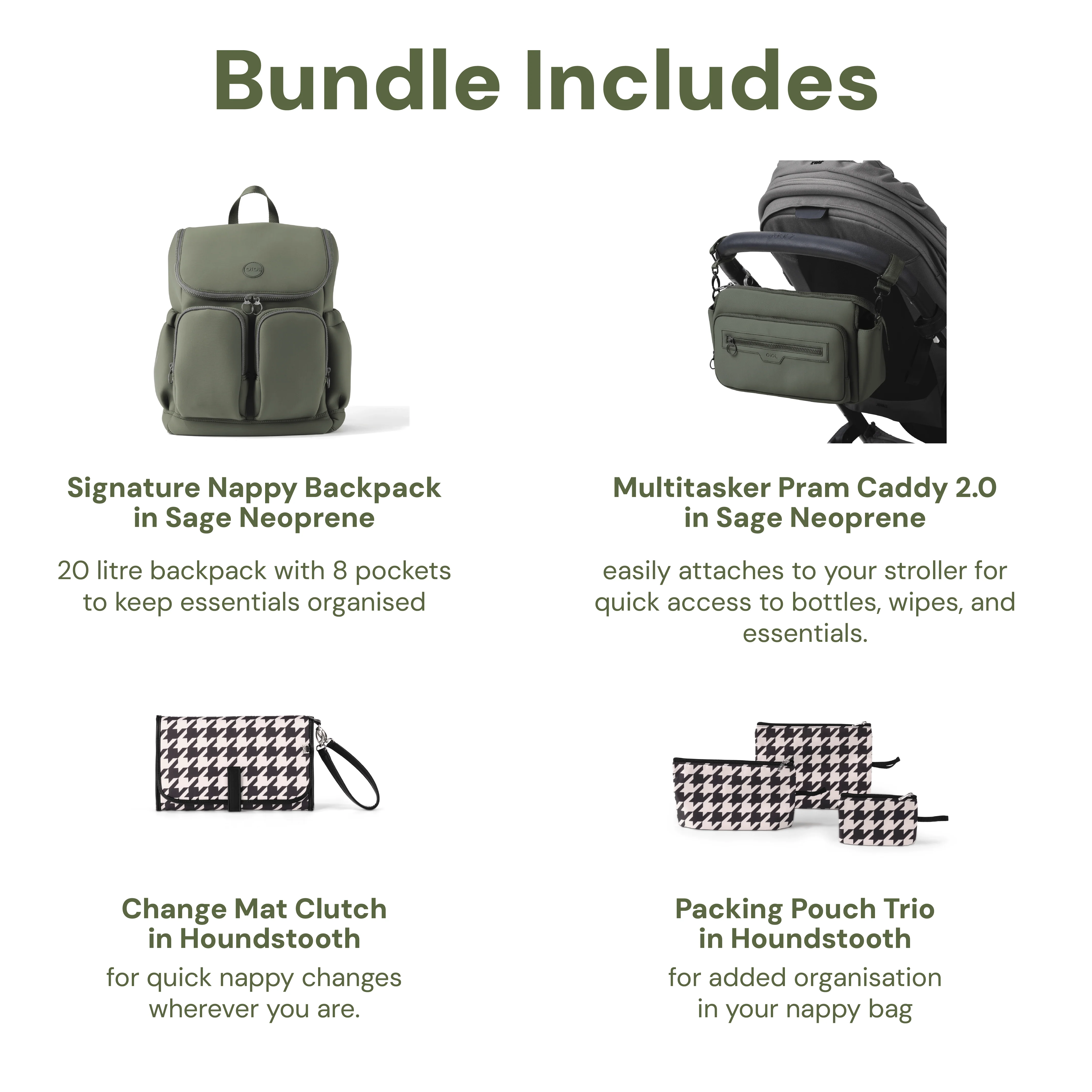 First Time Parent Nappy Bag Bundle - Sage & Houndstooth - Image 2
