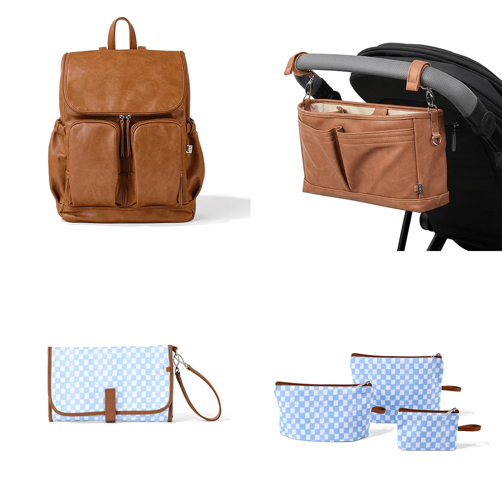 First Time Parent Nappy Bag Bundle - Tan & Blue Check (PRE-ORDER FOR MAY DELIVERY)