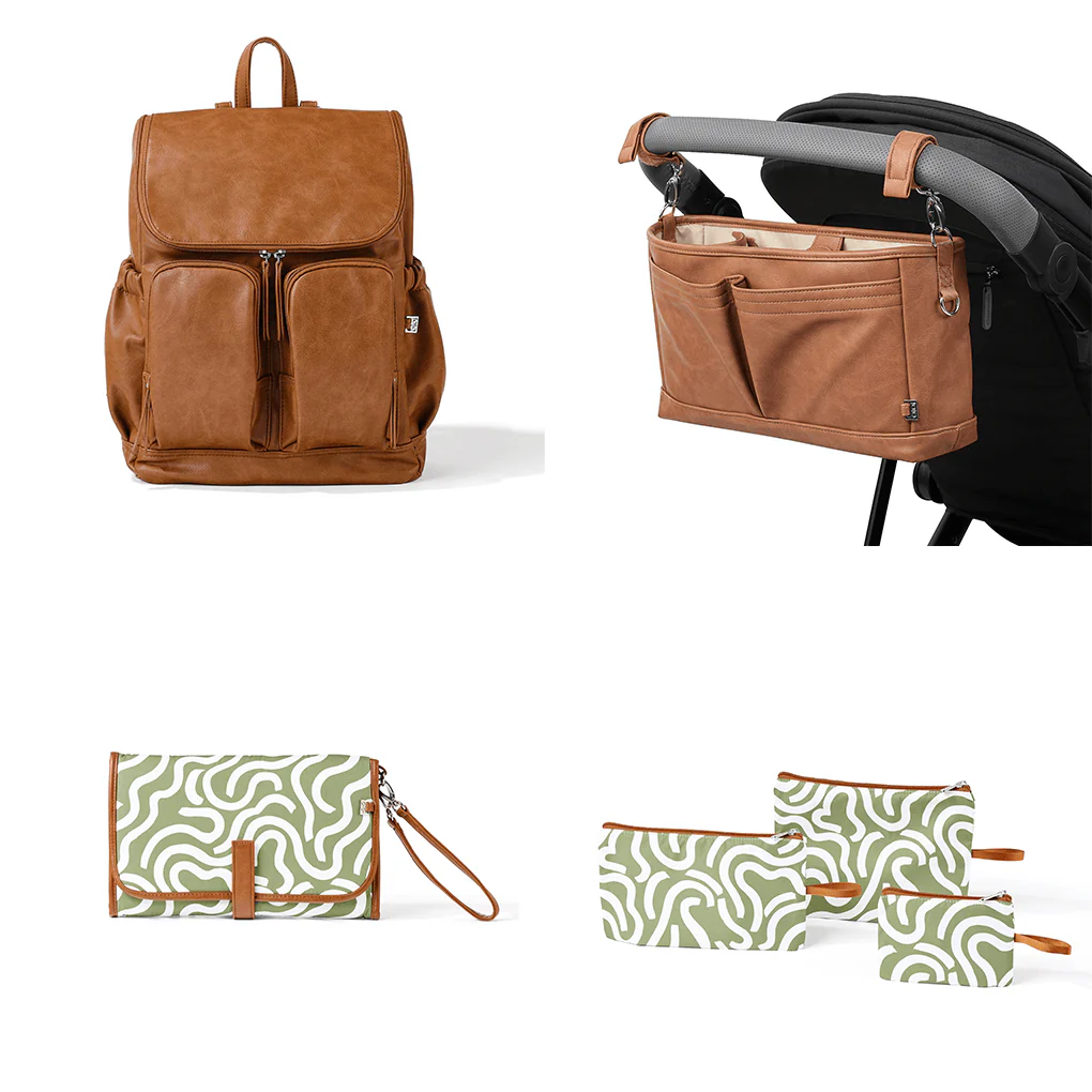 First Time Parent Nappy Bag Bundle - Tan & Green Squiggle (PRE-ORDER FOR MAY DELIVERY)