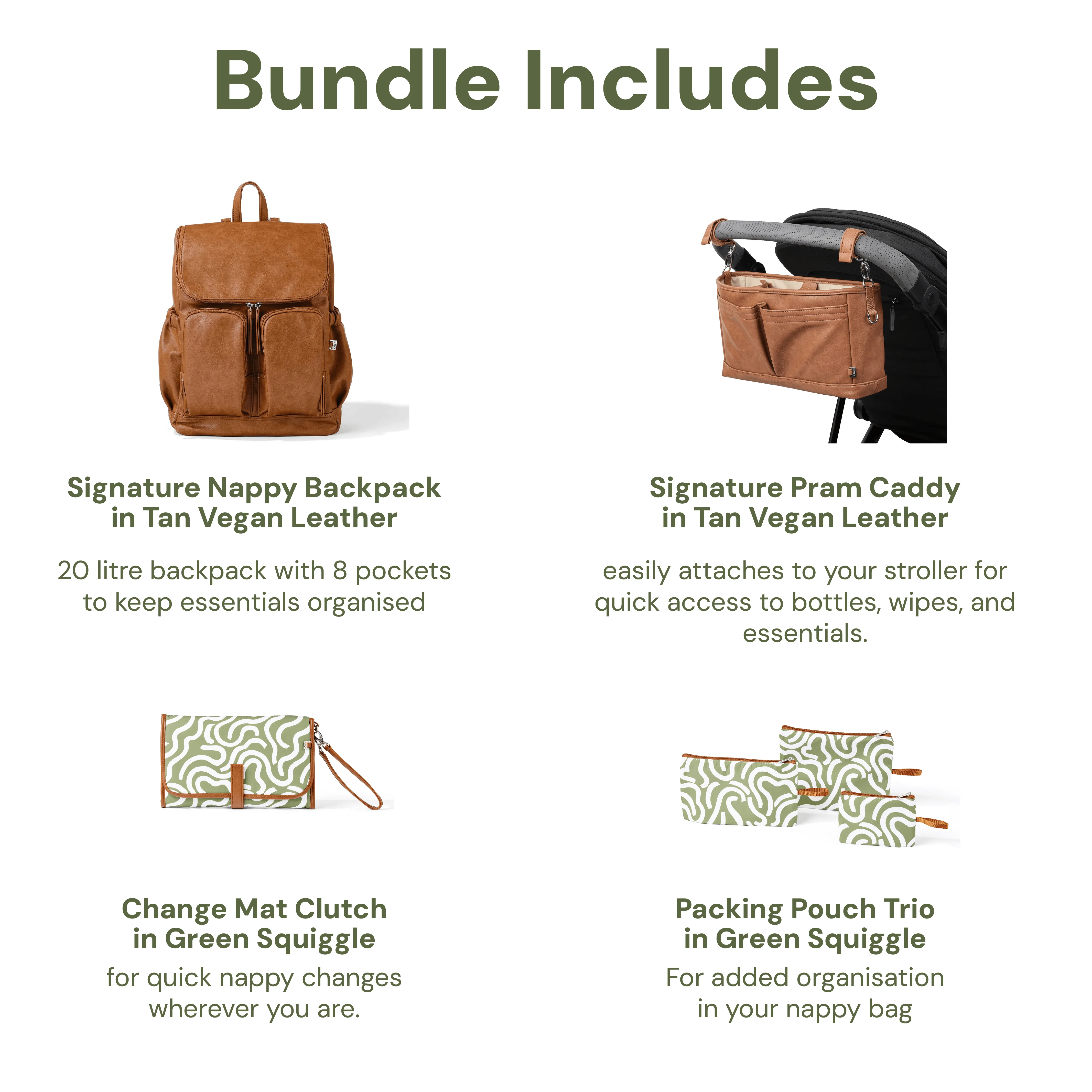 First Time Parent Nappy Bag Bundle - Tan & Green Squiggle (PRE-ORDER FOR MAY DELIVERY) - Image 2
