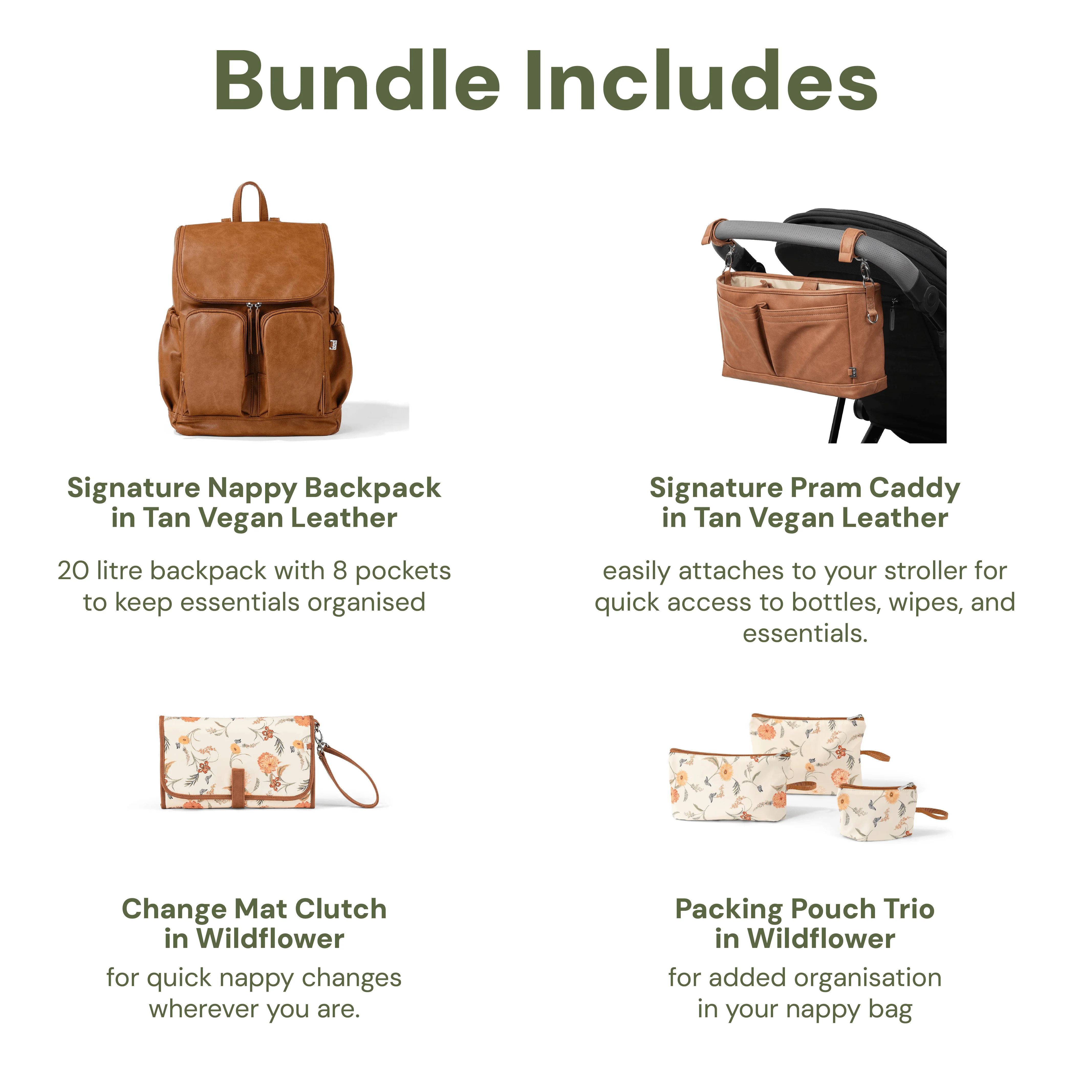 First Time Parent Nappy Bag Bundle - Tan & Wildflower (PRE-ORDER FOR MAY DELIVERY) - Image 2