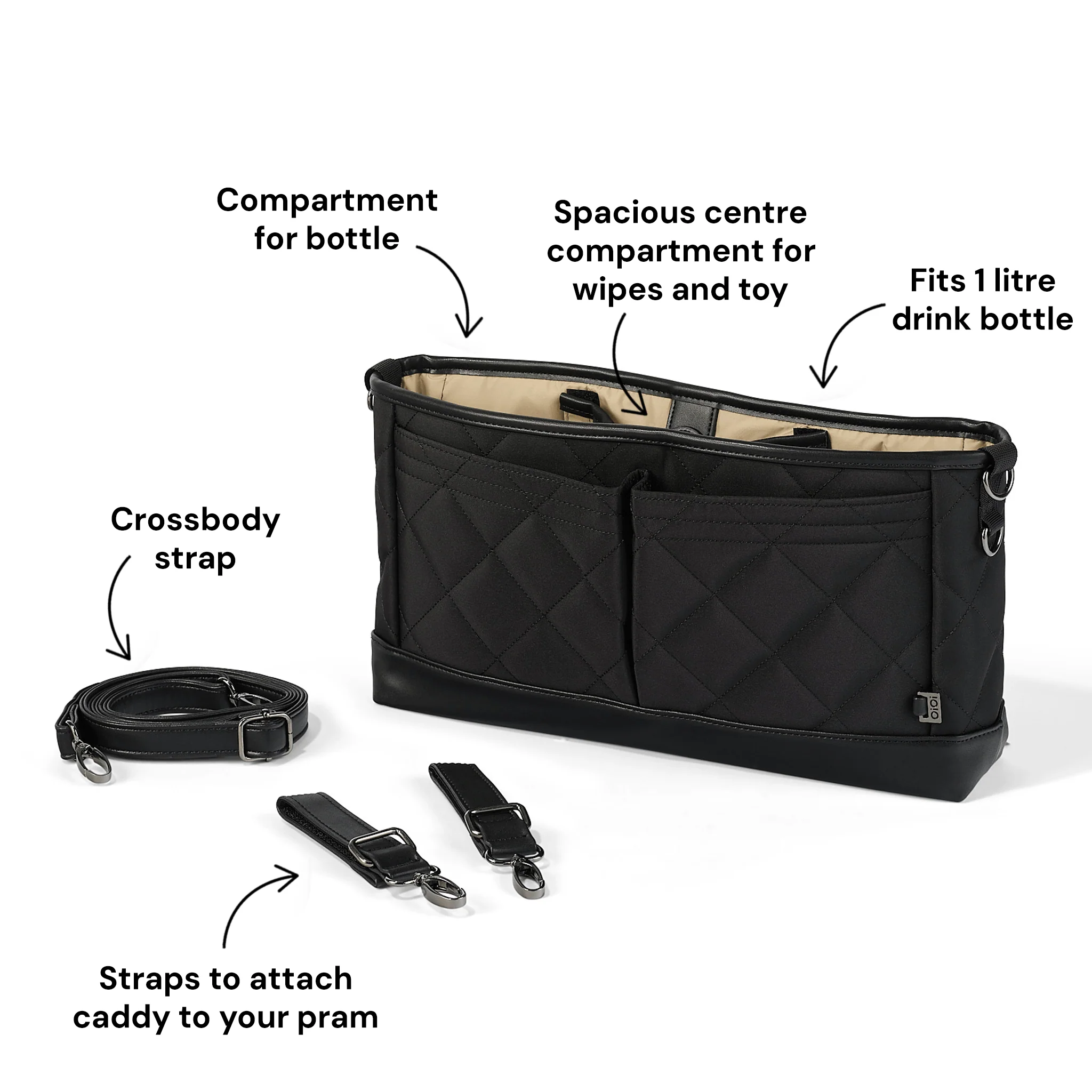 Signature Pram Caddy - Black Diamond Quilt Nylon - Image 5