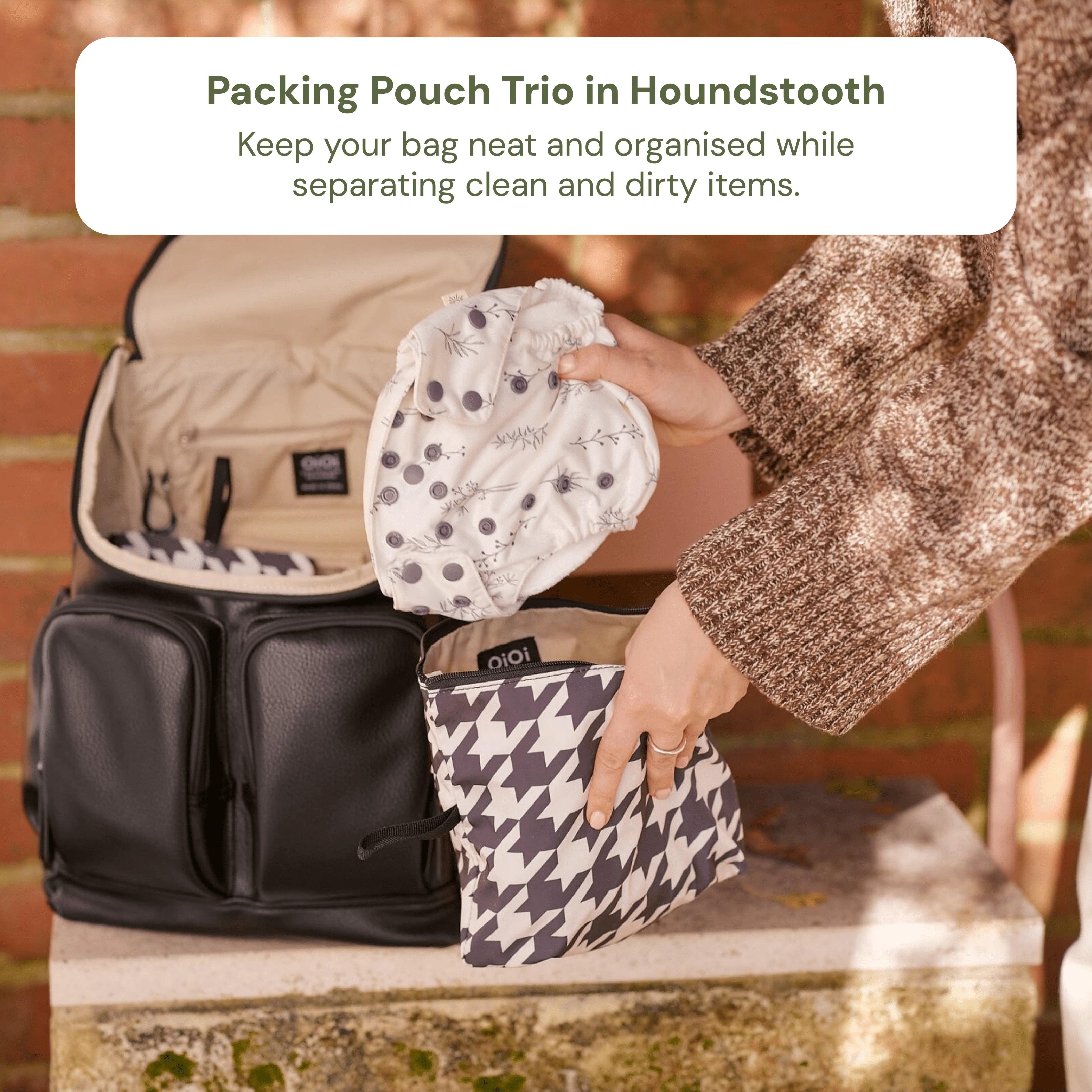 Nappy Bag Organisation Kit – Houndstooth & Black Vegan Leather - Image 4
